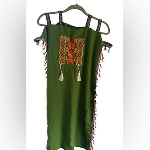 Olive Green Boho Midi Dress with Colorful Tassels & Embroidery - girl size 8-10